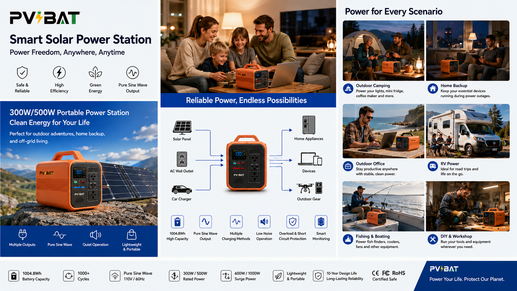 PVBAT 1004.8Wh 500W LFP Portable Power Station pvbat 500w 1000wh portable outdoor power station